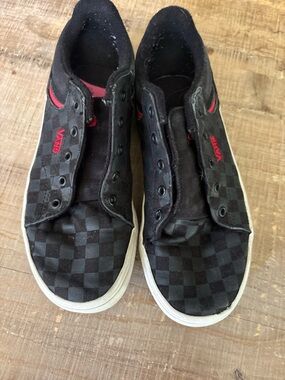 Vans Black and Grey Checkerboard Youth Sneakers with Red logo